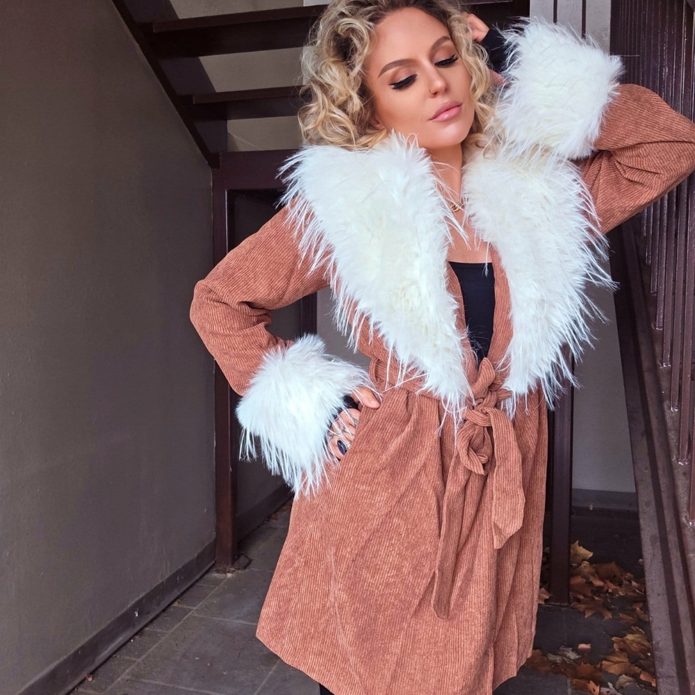 Corduroy Faux Fur Trim Belted Coat